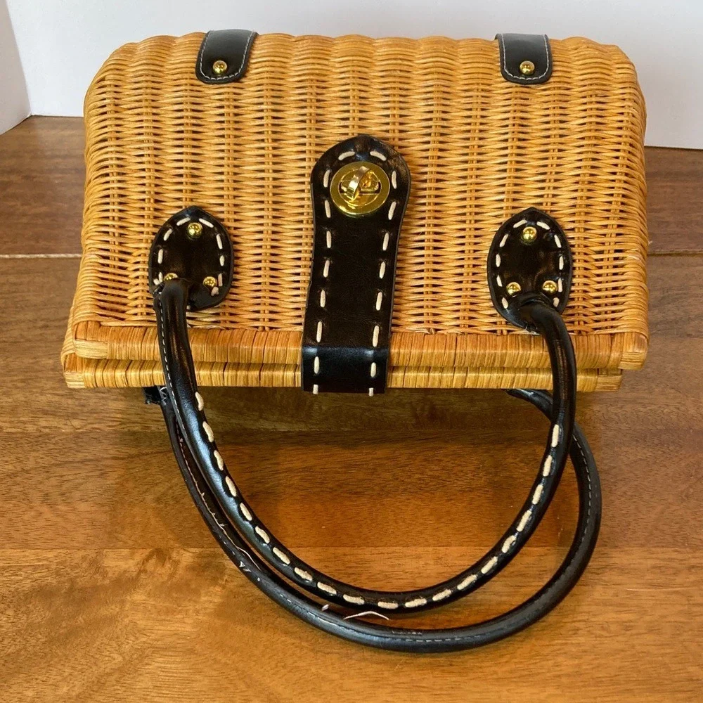 Tan Black Woven Leather Look Handbag Double Handle Picnic Style Classic Timeless
